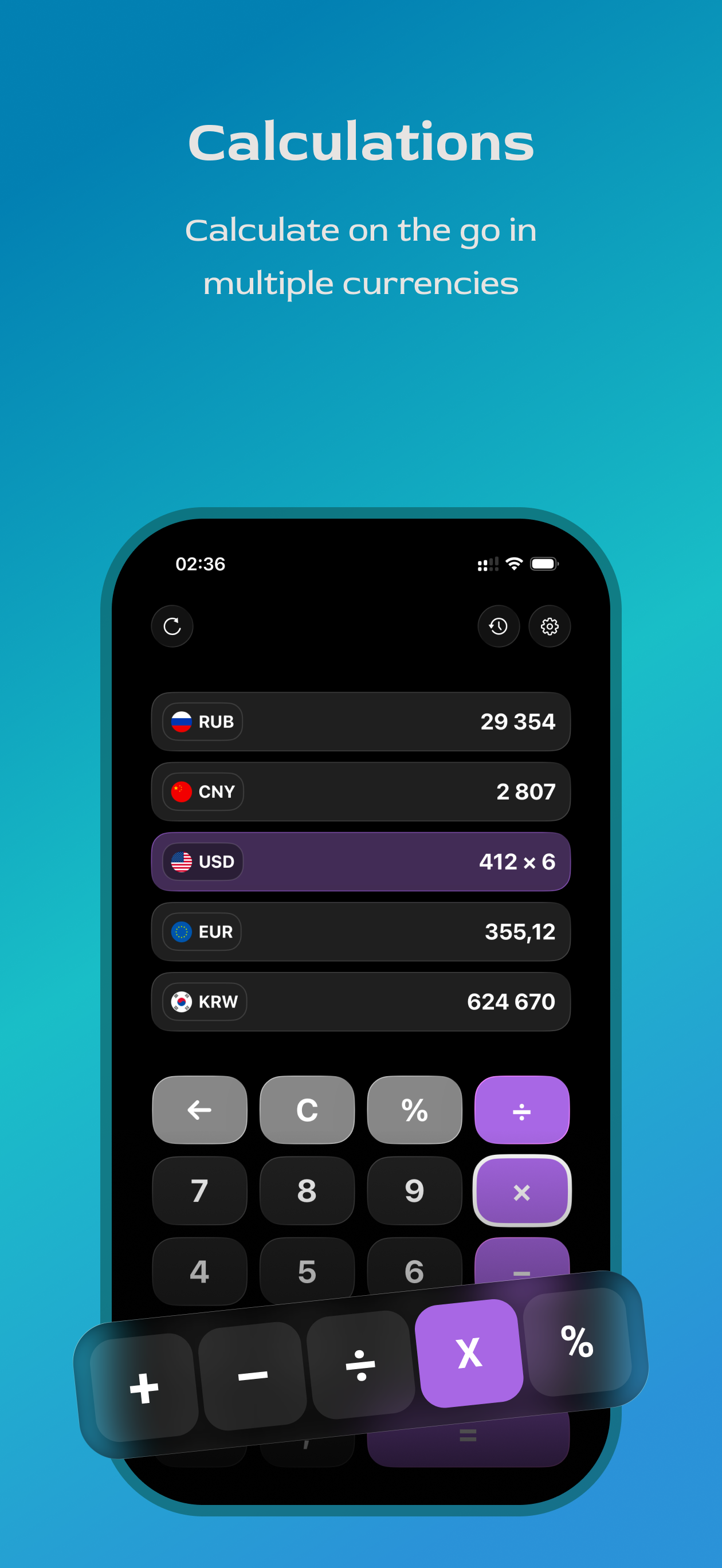 ConvertGo calculator keypad with multi-currency results