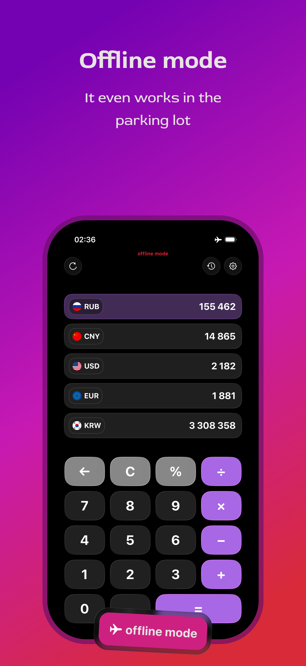 ConvertGo offline mode screen showing saved exchange rates